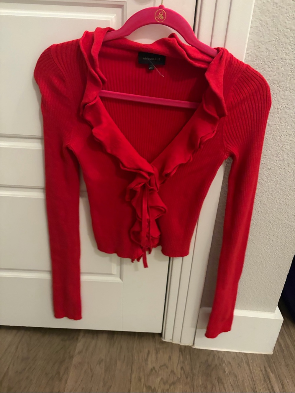 Majorelle red Ruffle Tie-Front Ribbed Top